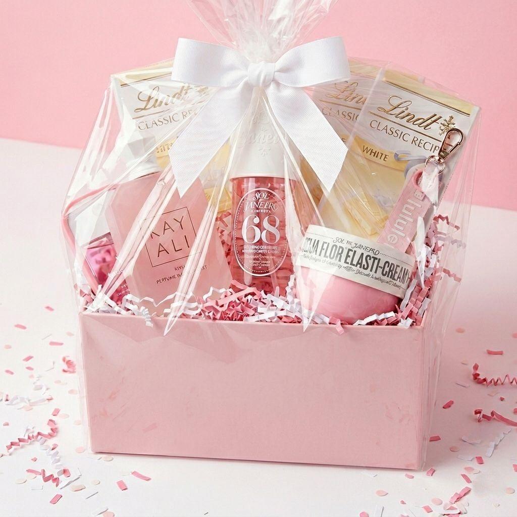 A pink gift box wrapped and tied with a white bow