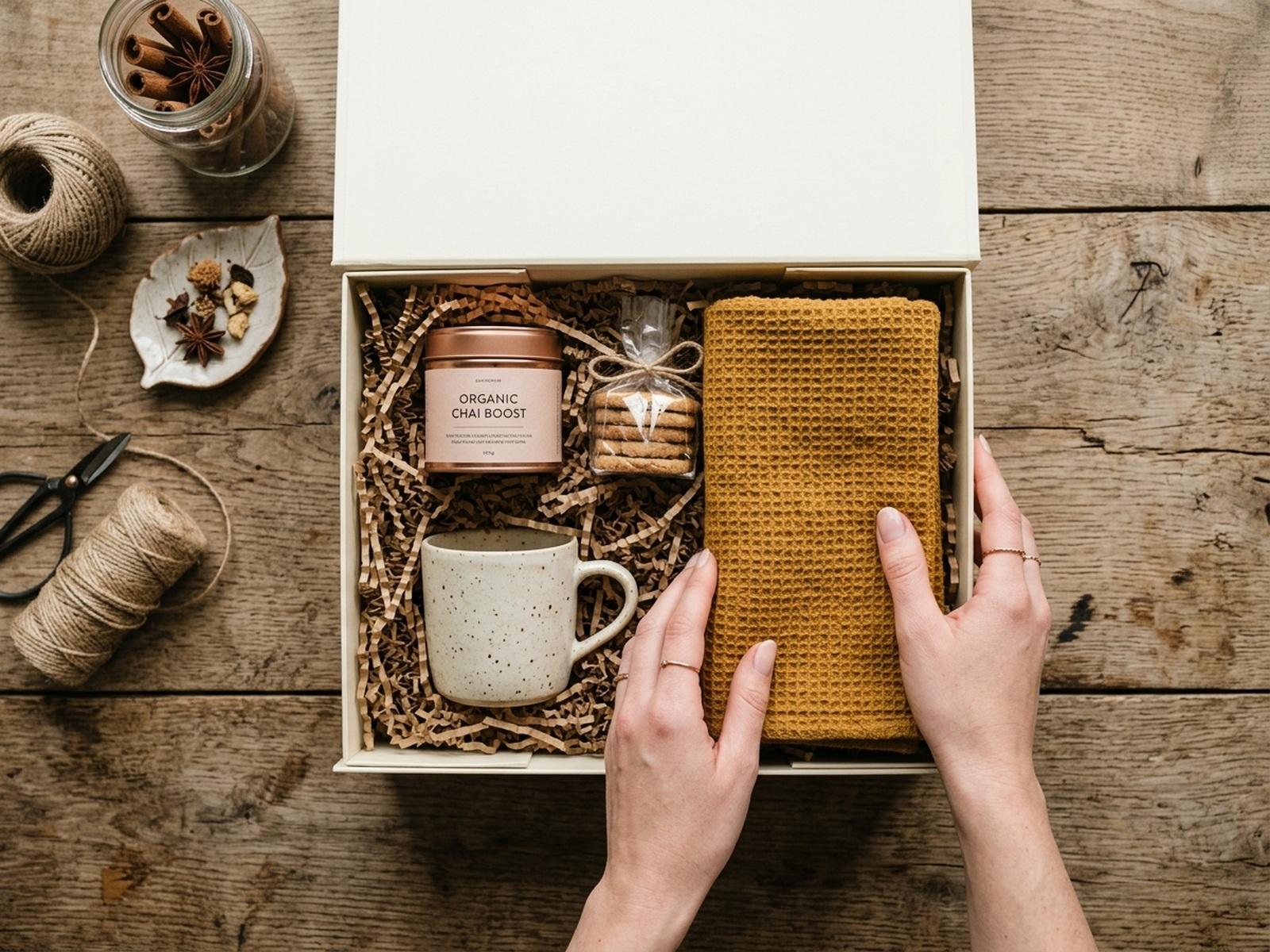 Hands packing an open cream luxury gift box into paper shred
