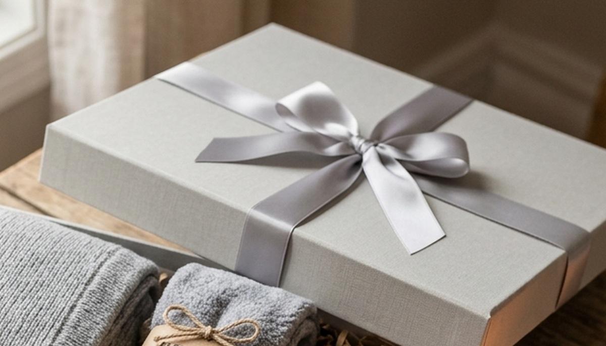 A solid gift box lid tied with a silver satin ribbon and bow, resting over the open box