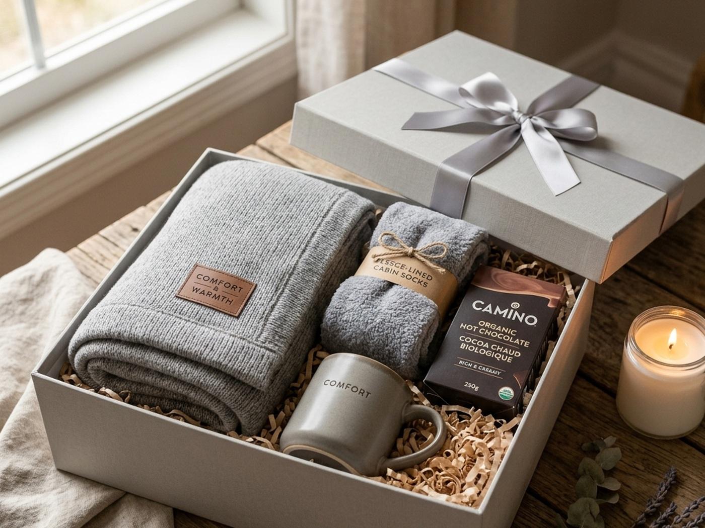 The lid off the solid luxury box, revealing warm comforts packed in paper shred