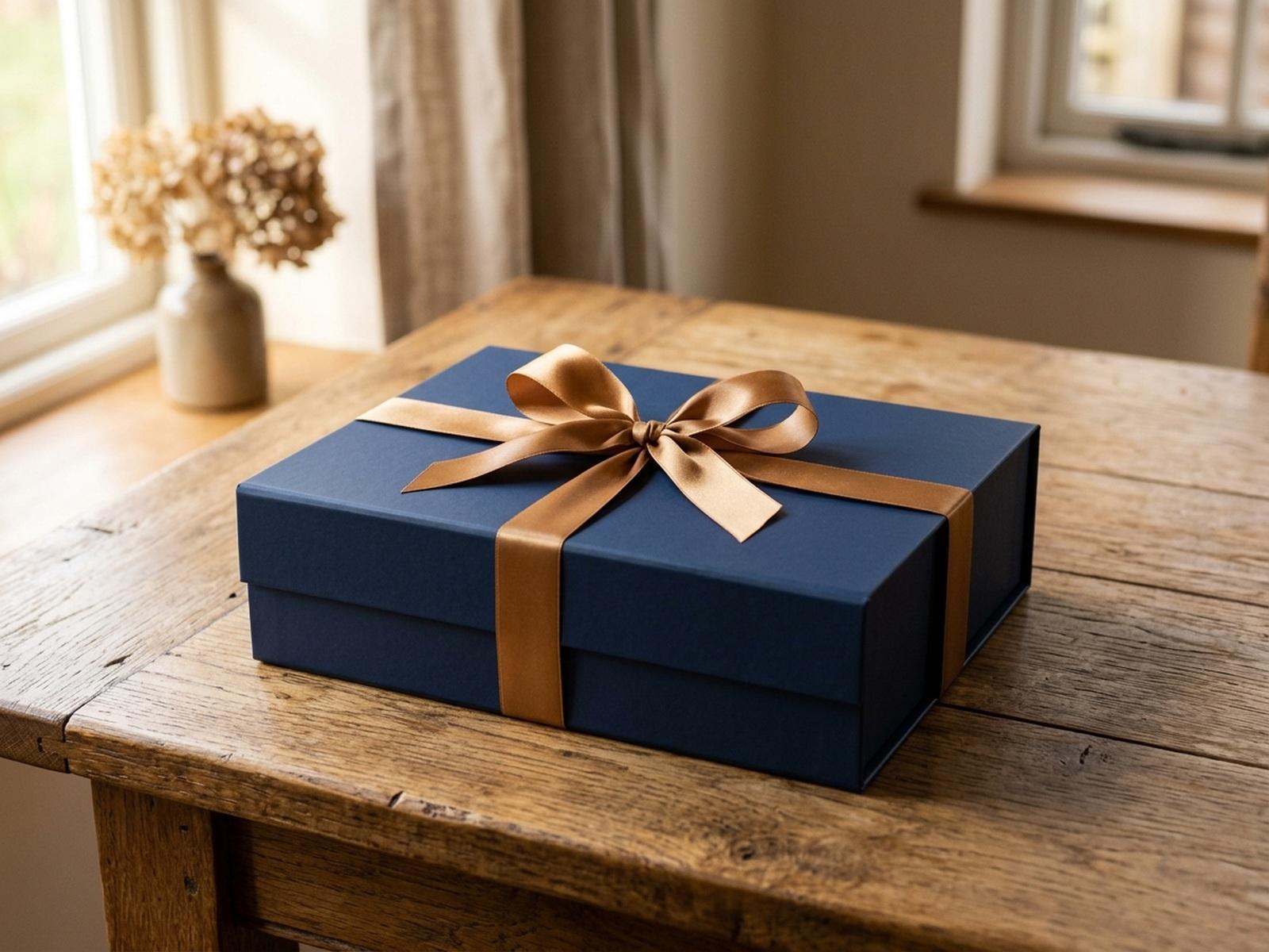 A closed solid navy blue luxury gift box tied with a gold satin ribbon and bow, on an oak table