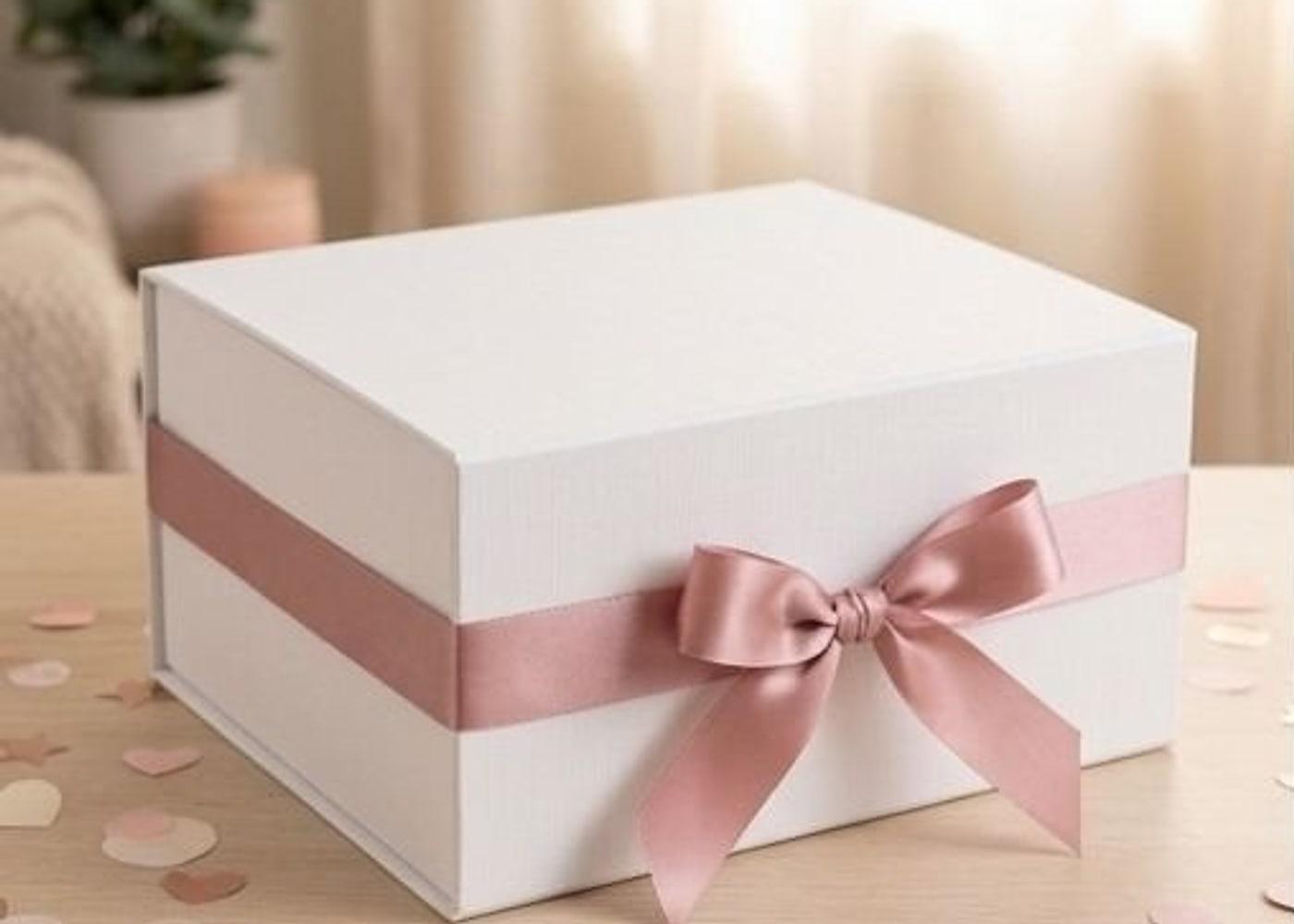 A closed white box tied with a ribbon and bow, on a wooden table