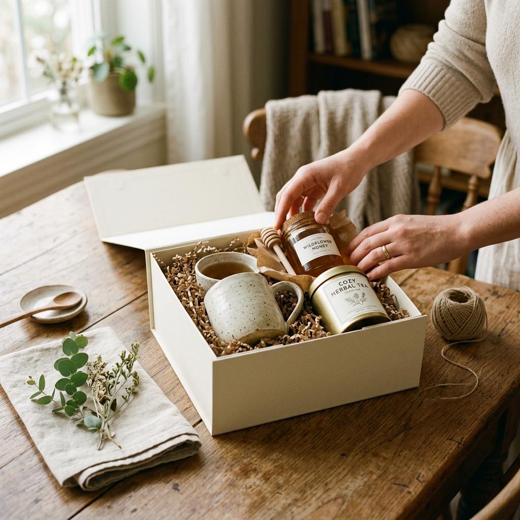 Artisan comfort gift box being hand-packed on a sunlit oak table with handcrafted mug, wildflower honey, and tea