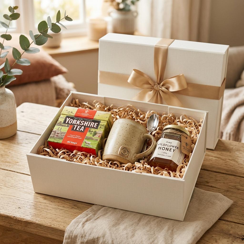 Artisan comfort gift box being packed with pottery mug, wildflower honey, and tea on a sunlit wooden table