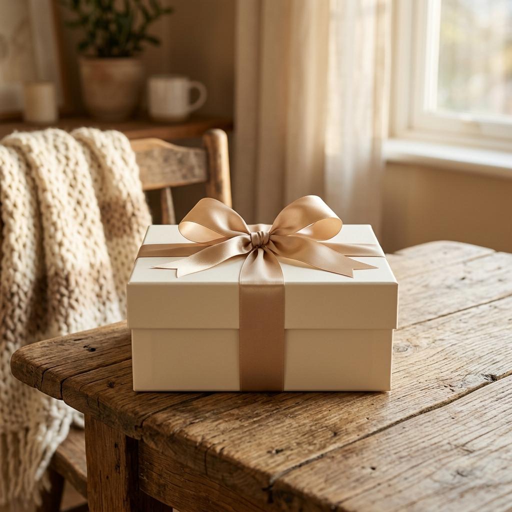 Solid cream luxury gift box tied with an elegant champagne satin ribbon bow on an oak farmhouse table