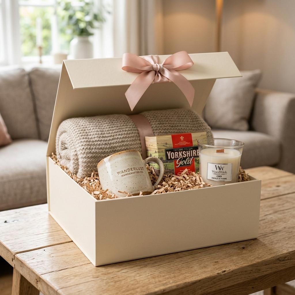 Solid cream luxury gift box tied with a satin ribbon bow on an oak table