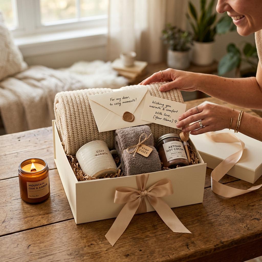 Unboxing moment showing open luxury gift box with chunky knit blanket, ceramic mug, cozy socks, hot cocoa, candle, and handwritten card on top