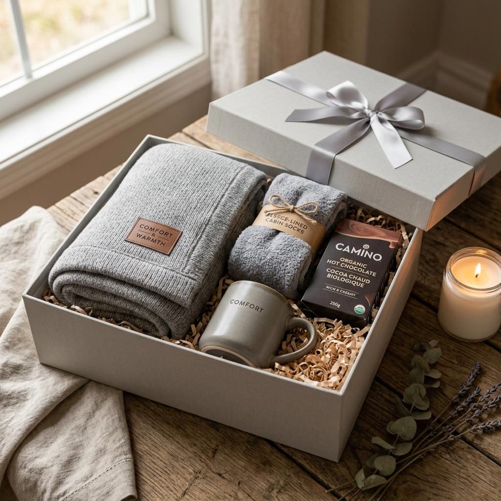 Open luxury comfort box revealing knit blanket, cabin socks, ceramic mug, and a glowing candle on a rustic wood table