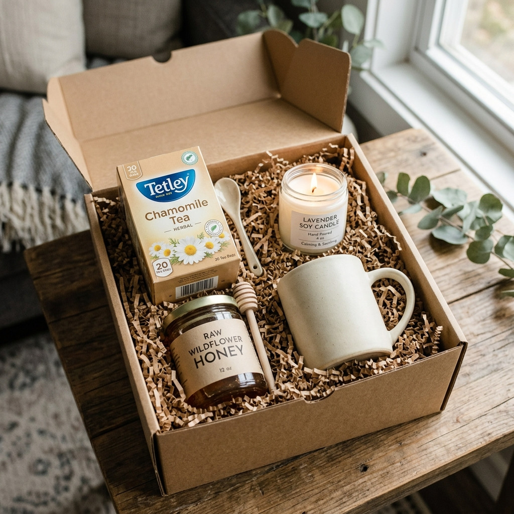 The Tea & Comfort Sympathy Box, packed and shipped in Canada