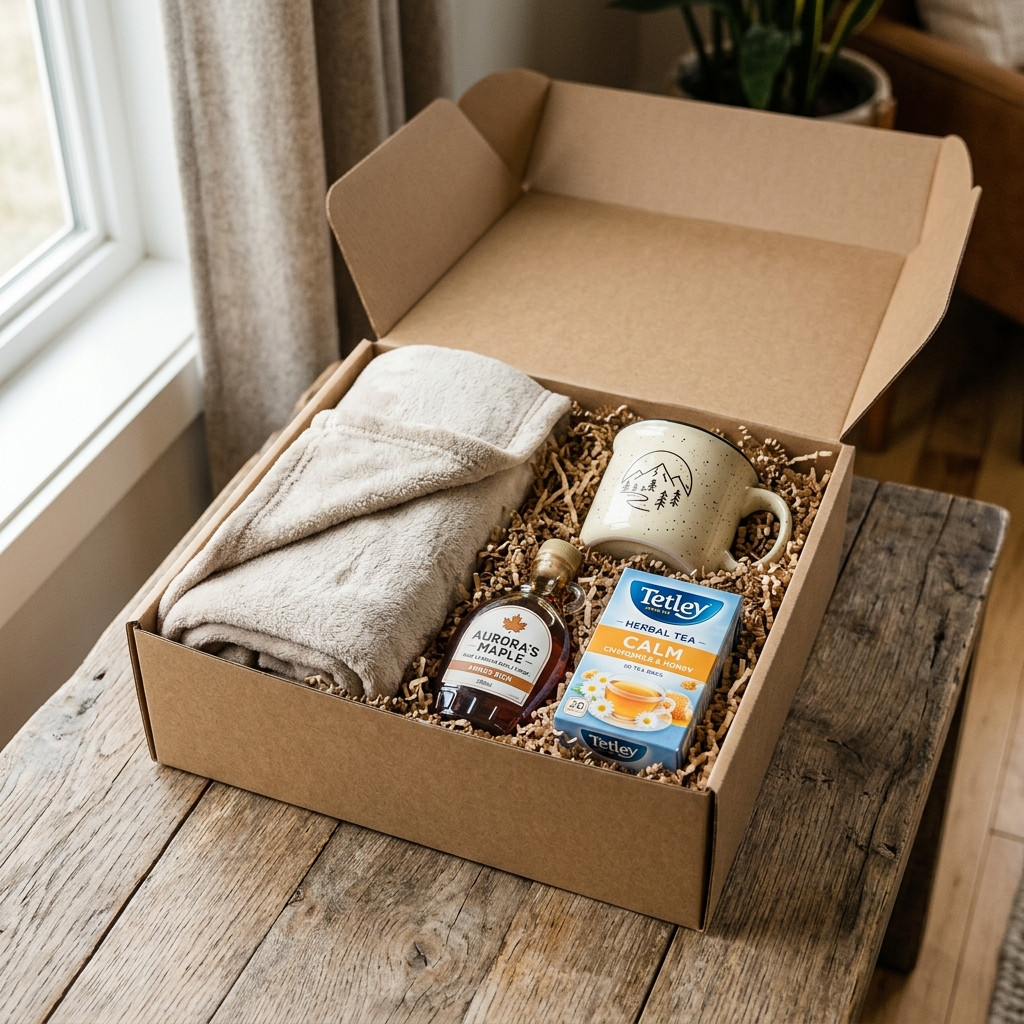 The Warm Fireside Sympathy Box, packed and shipped in Canada
