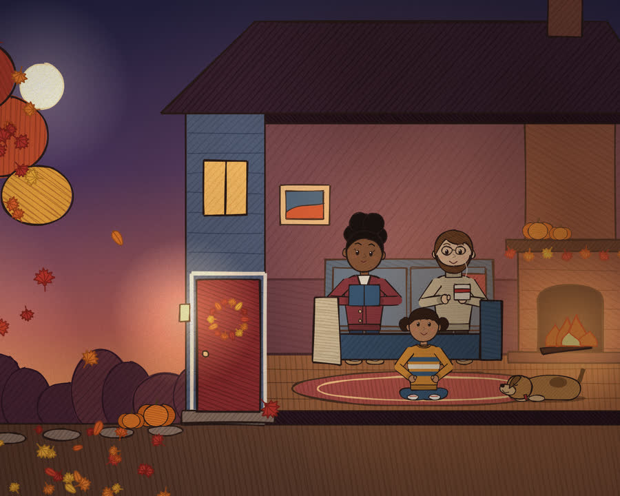 A drawing of a house on a fall evening: leaves falling from a maple outside, and a family by the fire inside.
