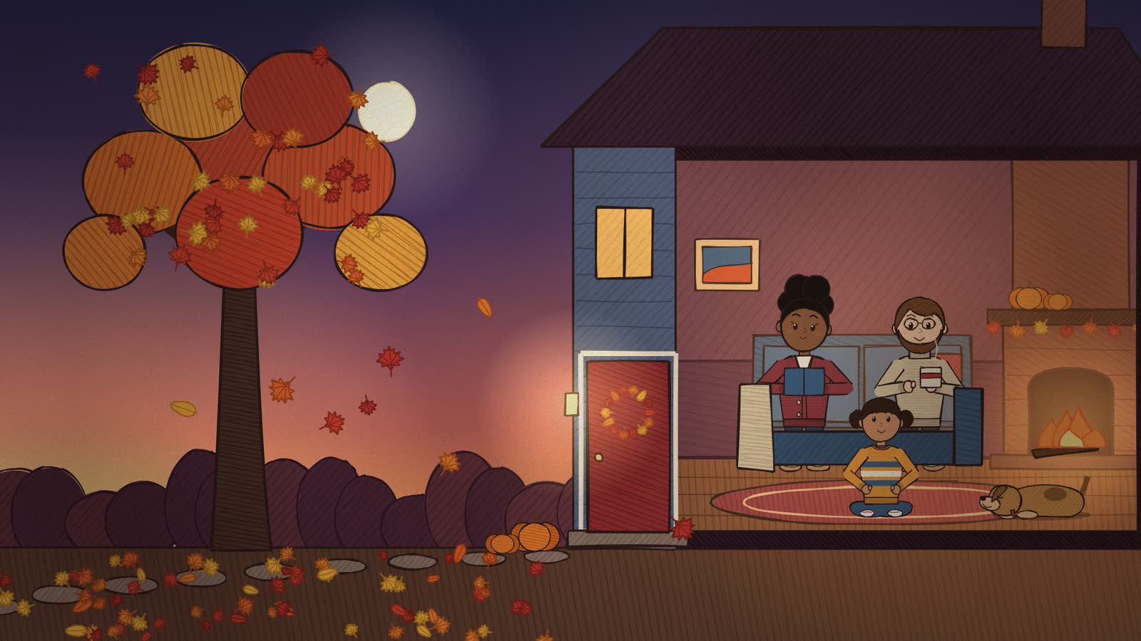 A drawing of a house on a fall evening: leaves falling from a maple outside, and a family by the fire inside.